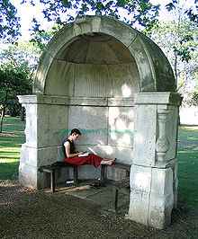 This pedestrian alcove is a surviving fragment of the old London Bridge, demolished in 1831. Two have resided in Victoria Park since 1860 (2005) London bridge alcove.jpg
