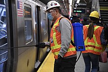 Due to the COVID-19 pandemic, the subway began temporary overnight closures in May 2020, the first such planned closure in the system's history. MTA Begins 24 7 Cleaning Operation and New MTA Essential Plan Night Service (49861508783).jpg