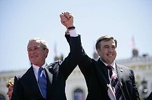 U.S. President George W. Bush and Georgian President Mikheil Saakashvili in Tbilisi, May 2005 MikhailSaakashvili & GeorgeWBush - FreedomSquare Tbilisi - 2005May10.jpg