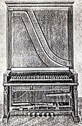 Rechtopstaande vleugelpiano met 6 pedalen, 1845, gebouwd door E.C. Ehrlich uit Bamberg, de pedalen zijn respectievelijk voor Trommel, Fagot, Luit, Forte, Piano (2 registers). Opmerkelijk is ook de kleur der toetsen: zwart en wit volgens oude klavecimbeltraditie.