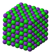 The crystal lattice structure of potassium chloride (KCl), a salt which is formed due to the attraction of K cations and Cl anions. The overall charge of the ionic compound is zero. Potassium-chloride-3D-ionic.png