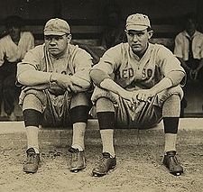 Boston Red Sox pitchers Babe Ruth and Ernie Shore. In a 1917 game, Ruth was ejected after walking the first batter. Shore replaced him, erased the baserunner, and completed the game without allowing another. Ruth and Shore3.jpg