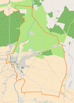 Mapa konturowa Tyszowiec, blisko centrum po lewej na dole znajduje się punkt z opisem „Dębina”