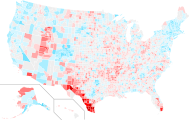 Risultati per contea dal 2016 al 2020, con diverse gradazioni di blu e rosso a seconda del margine di vantaggio del vincitore rispetto al 2016.