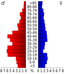 Schéma représentant la population du comté, par tranche d'âge. En rouge, à gauche, les femmes, en bleu à droite, les hommes.