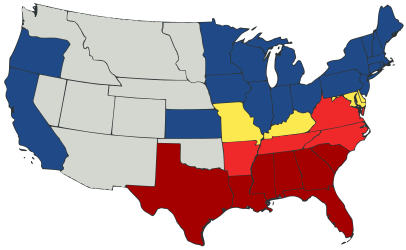 Map of U.S. showing two kinds of Union states, two phases of secession and territories.