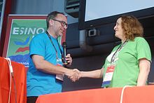 Stephenson-Goodknight at Wikimania 2016 with Wikipedia founder Jimmy Wales Wikimania 2016 - Opening by Jimmy Wales 19.jpg