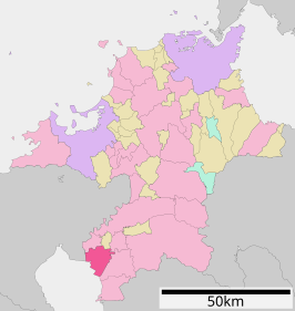 Situering van Yanagawa in de prefectuur Fukuoka