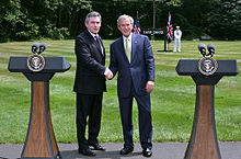 Prime Minister Gordon Brown (left) and President George W. Bush (right) at Camp David in July 2007 20070730 Bush Brown Camp David shake.jpg