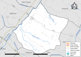 Carte en couleur présentant le réseau hydrographique de la commune