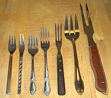 Assorted forks. From left to right: dessert fork; relish fork; salad fork; dinner fork; cold cuts fork; serving fork; carving fork Assorted forks.jpg