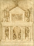 Проект надгробного монумента папам Льву X и Клименту VII. 1533—1535. Бумага, перо, тушь. Королевская академия изящных искусств Сан-Фернандо, Мадрид