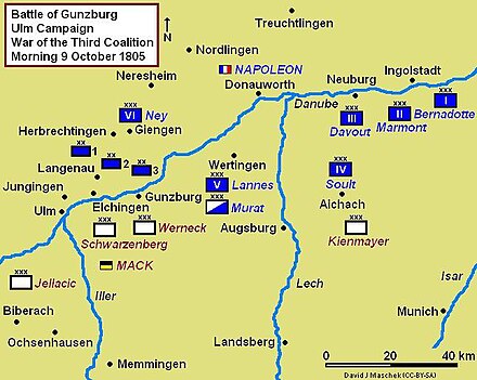 Battle of Gunzburg strategic map, situation morning 9 October 1805