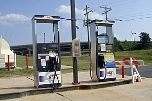 Biofuel pumps (B20, left, and E85, right) at a...