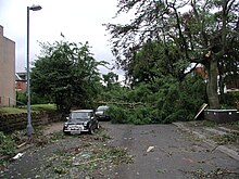 Damage from the Birmingham tornado of 2005. An unusually strong example of a tornado event in the United Kingdom, the Birmingham Tornado resulted in 19 injuries, mostly from falling trees. Birmingham tornado 2005 damage.jpg