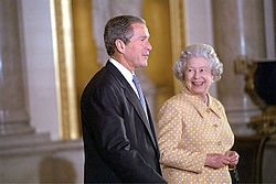 President George W. Bush with Queen Elizabeth II at Buckingham Palace, London, England (2001) Bush and Elizabeth II, Buckingham Palace, 2001.jpg