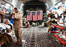 Wounded U.S. personnel flown from Iraq to Ramstein Air Base, Germany, for medical treatment. (February 2007) C-17 Medevac mission, Balad AB, Iraq.jpg