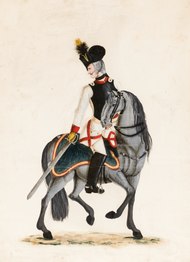 Osztrák császári-királyi vértes 1793-ban, háromszögletű, vaspántokkal megerősített kalapban