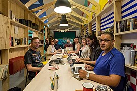 An event organized by the Café des savoirs libres in Montreal, Quebec during Fierté Montréal to improve Wikipedia articles about local LGBT personalities