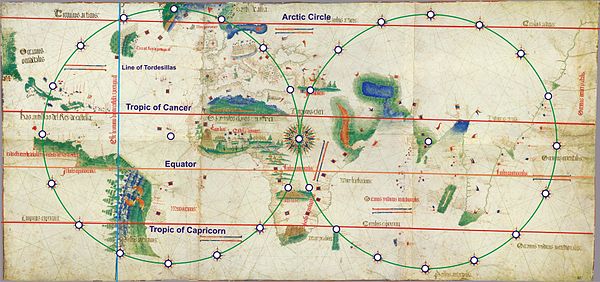 Schema costruttivo per linee di rotta con doppio esadecagono nel planisfero di Cantino