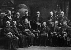 Catholic clergy at the consecration of the Sacred Heart Cathedral, Sarajevo (1889). Catholic clergy during the ceremony of the consecration of the Sarajevo cathedral.png