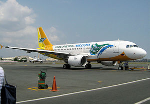 English: A Cebu Pacific airplane on the ramp o...