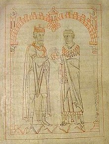 Miro, king of Galicia, and Martin of Braga, from an 1145 manuscript of Martin's Formula Vitae Honestae, now in the Austrian National Library. The book was originally dedicated to King Miro with the header "To King Miro, the most glorious and calm, the pious, distinguished for his Catholic faith" Cvp-00791-109v.jpg