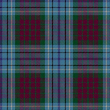 A fairly complex divided-check tartan primarily of azure, maroon, and green with white and black over-checks