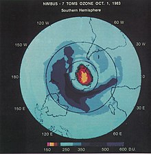 A team of British researchers found a hole in the ozone layer forming over Antarctica, the discovery of which would later influence the Montreal Protocol in 1987. First Space-Based View of the Ozone Hole (8006648994).jpg