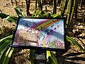 Sign with fruits and a rainbow, standing in a garden