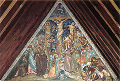Ukřižování Krista. Byzantská freska z kostela Panagia Podhitou v Galatě