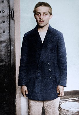 Gavrilo Princip in his prison cell at the Terezín fortress, 1914 (27324412597).jpg