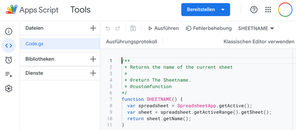 Google Sheets Apps Script Editor mit eingefügter Funktion.
