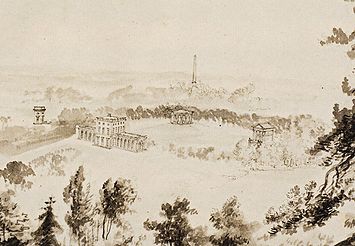 Illustrationen till vänster visar en utsikt från Grottberget mot nordost vid 1800-talets början. I bildmitt syns Gustav III:s paviljong, Ekotemplet och Amor och Psyketemplet. Längst i bakgrunden reser sig trämodellen till obelisken på Slottsbacken som fanns på höjden söder om Villa Frescati. Bilder till höger visar samma vy i maj 2010.