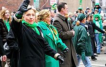 Hillary Clinton attends a St. Patrick's Day parade in Pittsburgh with Catherine Baker Knoll and Luke Ravenstahl. March 15, 2008. Hillary in St. Patty's Parade Pittsburgh 2008.jpg