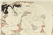 Shunga depicting a man sucking a woman's breasts. Japan 1815-1823. In borst bijtende man De Adonis plant (serietitel) Fukujuso (serietitel), RP-P-2008-5.jpg
