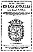 Anales liburuaren III. liburukiaren azala. Neira eta Ezquerro agertzen dira "Impressores del Reyno de Navarra" gisa.