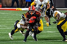 Hunt playing against the Pittsburgh Steelers in 2019. Kareem Hunt (49093752226).jpg