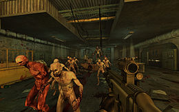 A screenshot from the videogame Killing Floor, built in Unreal Engine 2. Personal computers and console video games took a great graphical leap forward in the 2000s, becoming able to display graphics in real time computing that had previously only been possible pre-rendered and/or on business-level hardware. Killing Floor Biohazard1.jpg