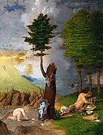 羅倫佐·洛托（英語：Lorenzo Lotto）的《美德與罪惡的寓意圖（英語：Allegory of Virtue and Vice (Lotto)）》，56.5 × 42.2cm，約作於1505年，來自山繆·亨利·卡瑞斯的收藏。[20]