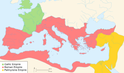 The Gallic Empire under Tetricus I by 271 (in green), with the Roman Empire (in red) and the Palmyrene Empire (in yellow).