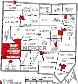 Map of Mercer County, Pennsylvania with Municipal Labels showing Cities and Boroughs (red) and Townships (white) Map of Mercer County Pennsylvania With Municipal and Township Labels.png