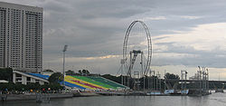 Die Tribüne mit dem Riesenrad im Hintergrund