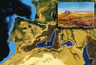 08/04: Representació del tancament de la mar Mediterrània fa 5,96 milions d'anys que va provocar la crisi de salinitat del Messinià i el trànsit de mamífers.