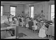 Lewis Hine noted poor working conditions when he photographed workers at the Western Dress Factory in Millville, New Jersey, for the WPA's National Research Project (1937) Millville, New Jersey - Dresses. Second view of the Western Dress Factory. Emphasis on general conditions in the... - NARA - 518630.jpg