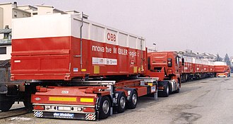 Austrian Federal Railways uses trucks called Mobiler, that can slide a large container straight on or off a railcar. Mobiler-02.jpg