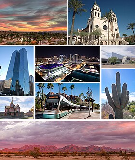 Da esquerda para direita: Parque Papago, Basílica de Santa Maria, Chase Tower, centro, Arizona Science Center, Rosson House, Valley Metro Rail, um cacto Saguaro e as Montanhas McDowell