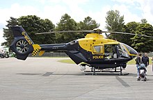 Eurocopter EC 135 T2 providing law enforcement and medical assistance in the Avon and Somerset Police, and Gloucestershire Police areas, based at Bristol Filton Airport. Police eurocopter ec135 g-wcao arp.jpg