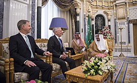 U.S. Secretary of Defense James Mattis with King Salman of Saudi Arabia, Riyadh, 19 April 2017 SD visits Saudi Arabia 170419-D-GO396-0068 (33295213484).jpg