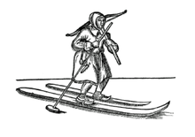 Sami hunter using skis of unequal length--short for traction, long for gliding--and a single pole. Both were employed until c. 1900. (1673 woodcut) SapmianSkier1673.png
